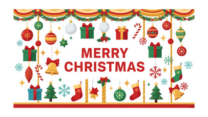 Fototapeta premium Christmas Greetings: A festive display of traditional Christmas decorations, including gifts, ornaments, bells, candy canes, and snowflakes, all arranged to frame the warm wish of Merry Christmas.