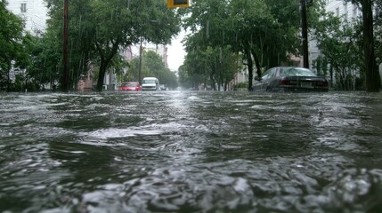 Fototapeta premium Urban street submerged in rising floodwaters, cars partially visible
