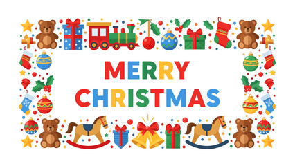 Fototapeta premium Christmas Celebration Frame: A festive frame filled with classic Christmas icons surrounds the words Merry Christmas, perfect for holiday greetings.