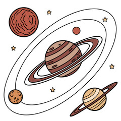 Illustration of planets in space with stars and orbits astronomy universe celestial © Marjan