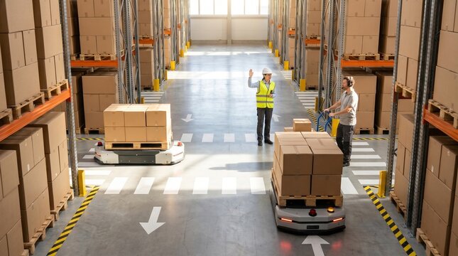High bay warehouse crossing with supervised autonomous pallet movement