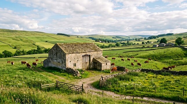 Scenic countryside landscape with stone barn, grazing cows, and rolling green.
