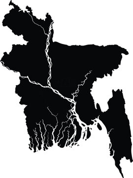 Silhouette map of bangladesh with prominent river systems in white country geography