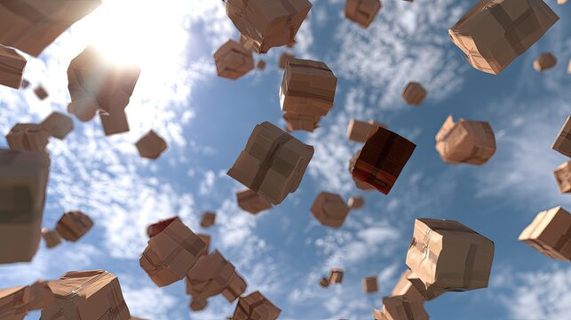 Many light brown cubic objects falling through a bright blue sky