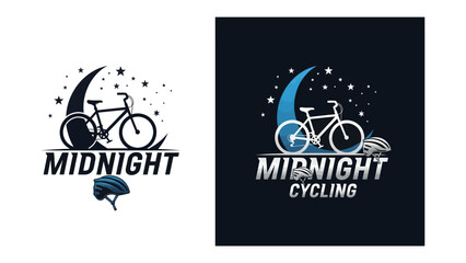 Midnight Cycling Emblem: A stylized graphic logo depicting a bicycle and helmet under a crescent moon, adorned with stars, evoking the thrill of nocturnal cycling adventures. © Hasib