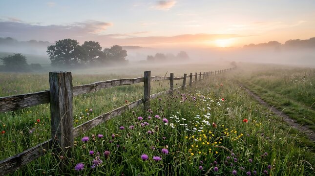 Sunrise over a misty field with wildflowers and a rustic wooden fence.