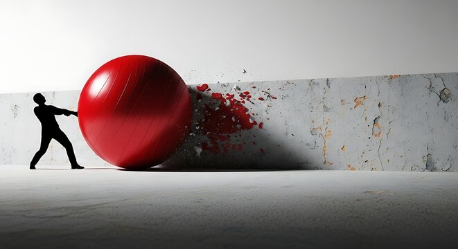 Man pushing large red breaking ball.