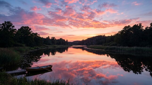 Tranquil sunset over a calm lake with a small boat and lush greenery.