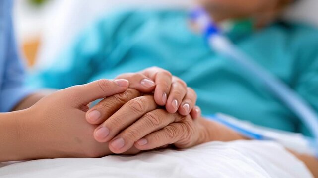 Respiratory Illness. Unrecognizable patient being comforted by relative in hospital room