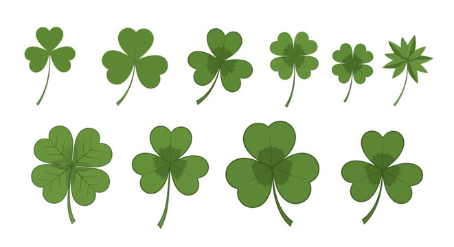 Collection of various green clover leaf illustrations for st patricks day or luck symbols