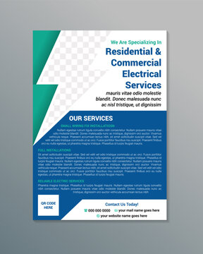 we are specializing in residential and commercial electrical services  flyer design. flash shaped for photo space. green and blue colors element isolated on white background.