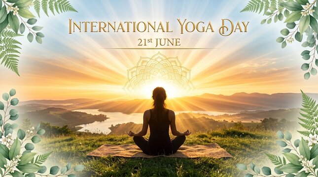 International yoga day poster with woman in meditation pose sitting against mandal sunset background.
