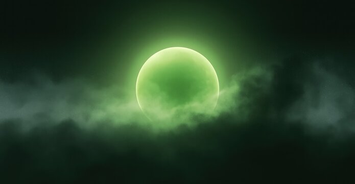 Eerie green moon over dark fog, glowing fantasy night sky concept