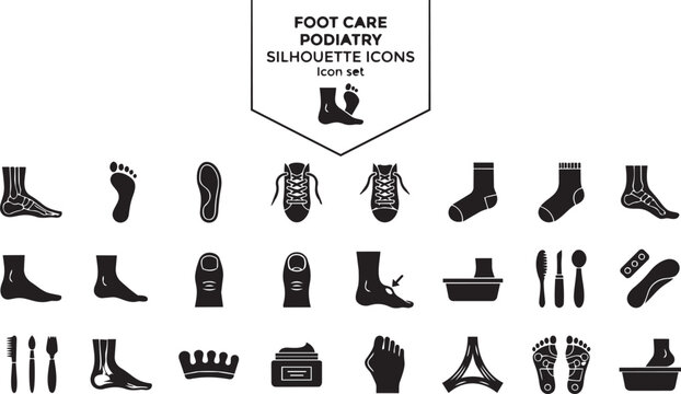 Foot Care Podiatry Silhouette Icon Set Foot Anatomy Footprint Insole Shoelace Sock Ankle Heel Toe Corn Callus Massager Pedicure Blister Orthotic Arch Separator Cream Bunion 20 Icons Editable Strokes 