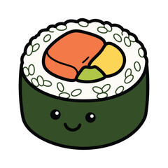 Cute cartoon maki sushi roll character with happy face japanese character illustration isolated background restaurant culinary traditional personality appetizer © MST SUMAIYA