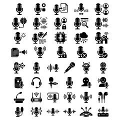 Obraz premium Podcast studio communication indicators and smart home sound wave assistant vector template collection. Minimalist black shapes for streaming gear icons.