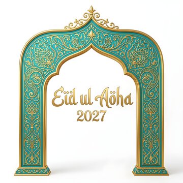 Golden ornamental islamic arch gateway with floral filigree design for eid ul adha greeting.