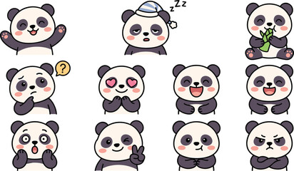 Obraz premium Cute cartoon giant panda bear emoji icon vector set showing various facial expressions emotions sleeping eating bamboo angry confused design elements