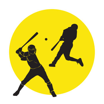 Cricket players silhouette icon. Batsman and fielder match action vector illustration.