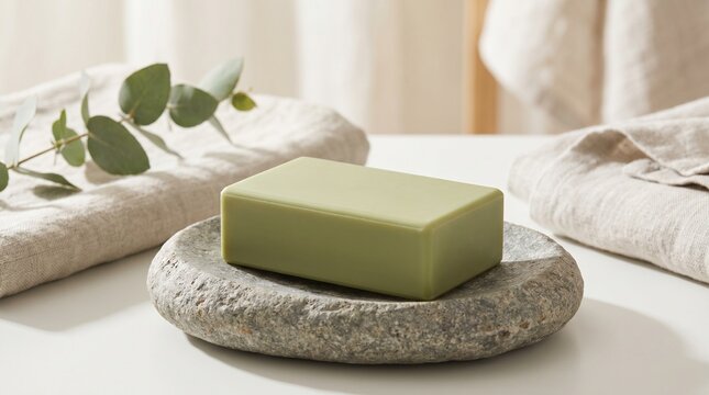 A minimalist rectangular bar of olive green soap on a natural stone dish with linen towels and eucalyptus