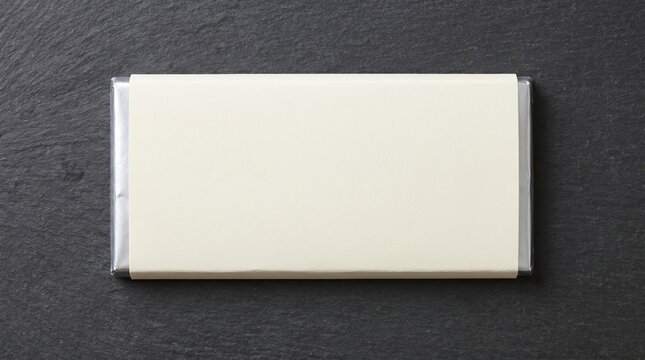 Top-down flat lay view of a minimalist chocolate bar wrapped in silver foil with a blank paper label on a dark slate background