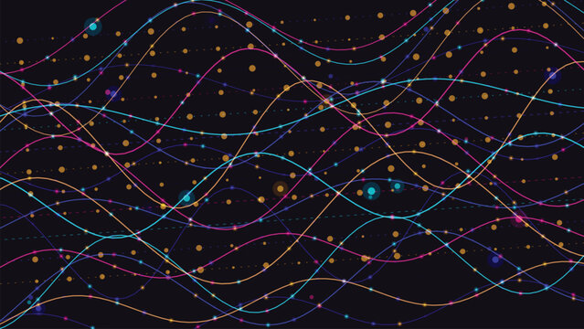 Abstract digital data waves with neon particles and glowing circles illustrating data flow network connections and digital transformation concepts on a dark background representing technology