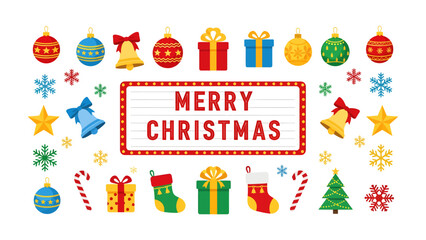 Merry Christmas Greeting: A vibrant collection of festive Christmas icons surrounds a marquee sign wishing a Merry Christmas in cheerful lettering, perfect for holiday greetings and decorations. © Md