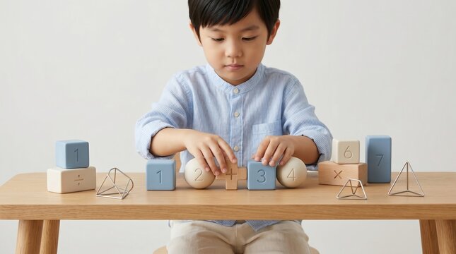 Young asian boy engages in creative math learning with geometric wooden number blocks and mathematical symbols on a wooden table in a bright minimalist studio