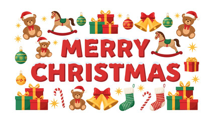 Fototapeta premium Christmas Celebration Collage: A vibrant collage of festive Christmas elements, including teddy bears, rocking horses, gifts, ornaments, candy canes, bells, and stockings.