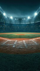 Naklejka premium Empty baseball stadium at night with bright floodlights and field