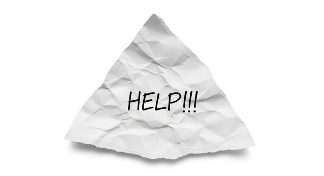 Crumpled Torn White Paper with Help Message Written in Black Marker Isolated on White Background for Emergency Concept