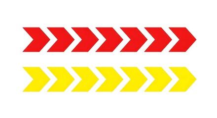Fototapeta premium Two horizontal rows of chevron arrows, one row in red and one row in yellow, pointing to the right, isolated on a white background, used for directional signage, navigation, and flow indicators