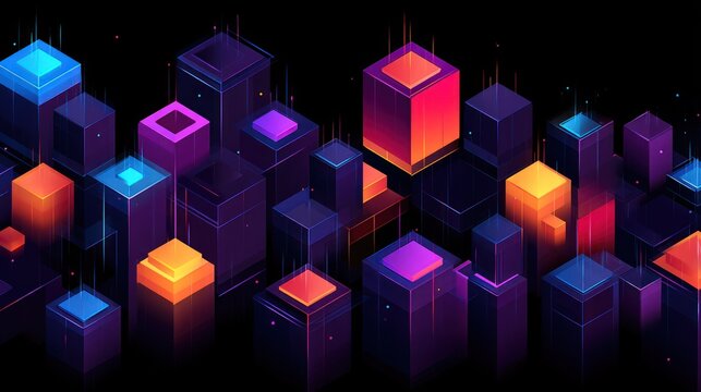 Illuminated geometric pillars rise from a dark background in a futuristic cityscape design.
