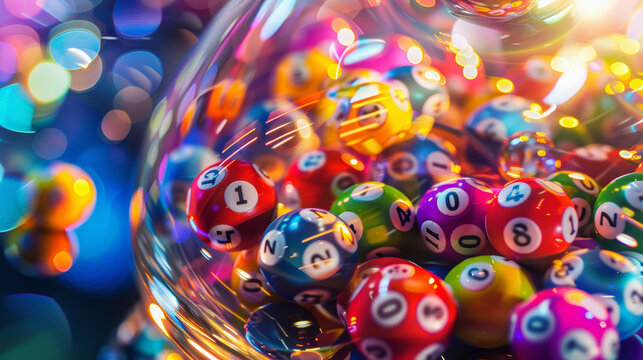 Colorful bingo balls spin inside a glass lottery drum in bright studio lights with a cinematic feel