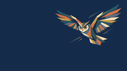 Fototapeta premium A vibrant, geometric owl in flight against a deep blue background, showcasing a modern and abstract artistic style with colorful polygonal shapes.