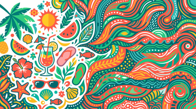 Vibrant summer illustration with a split design, featuring tropical elements like palm trees, cocktails, and fruit on one side, and an abstract flowing pattern on the other.