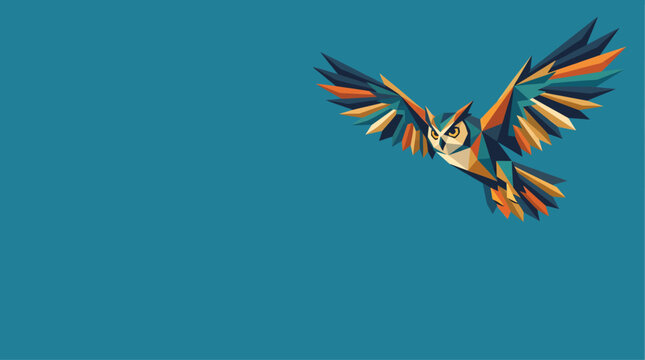 A vibrant, stylized geometric owl with colorful wings soaring across a solid teal background in a modern art illustration.