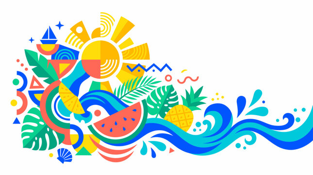Vibrant geometric summer illustration with sun, waves, tropical fruits, and abstract shapes, perfect for a holiday banner or background.