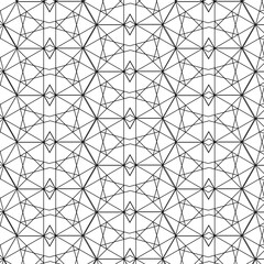 Obraz premium Abstract black and white geometric pattern with interlocking lines, triangles, and hexagons creating a complex architectural and technical structure design.