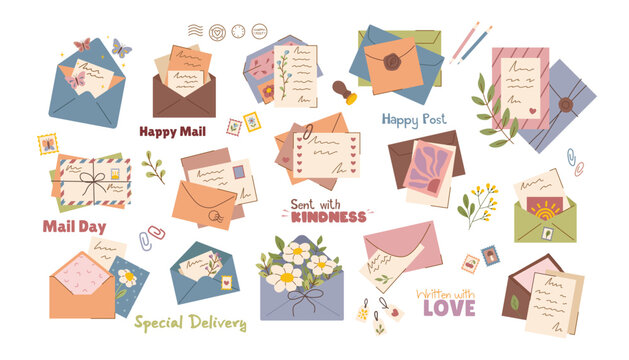 A set of vintage letters. Various envelopes with postage stamps, letters, and stationery. Paper mail concept. Flat isolated vector illustrations on a white background