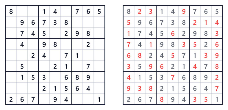 Classic Sudoku puzzle with answers displayed, featuring an easy level grid layout on a white background with numbers in black and red