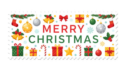 Fototapeta premium Festive Holiday Greeting: A vibrant and cheerful illustration captures the spirit of Christmas with a border of festive decorations including stockings, ornaments, bells, bows, gifts, candy canes.