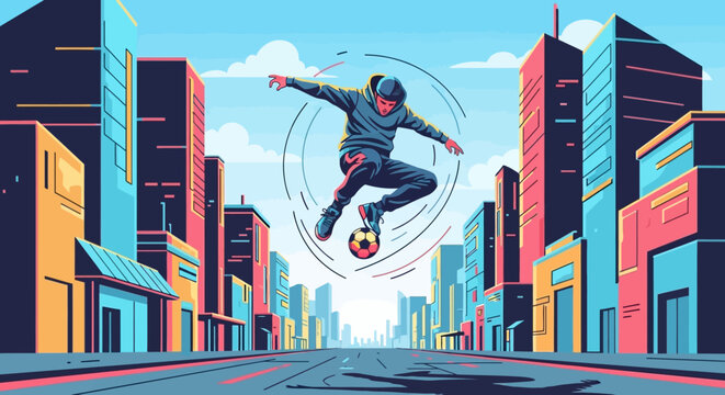 A skateboarder performs a trick on a city street with colorful buildings.