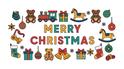 Fototapeta premium Christmas Toys Garland: A whimsical arrangement of classic Christmas toys, including teddy bears, rocking horses, and a toy train.