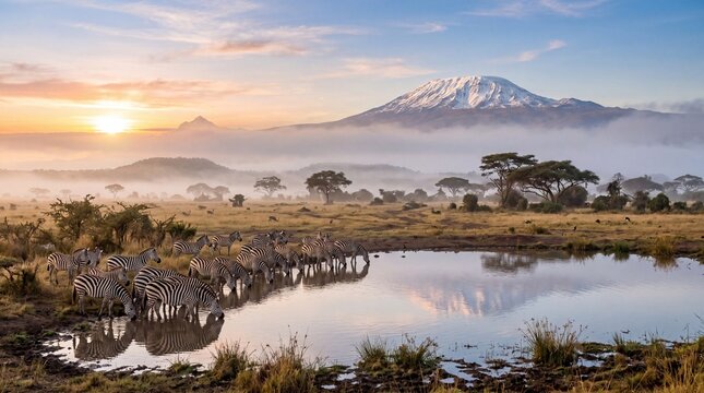 Zebras drinking by a lake with mount kilimanjaro at sunset