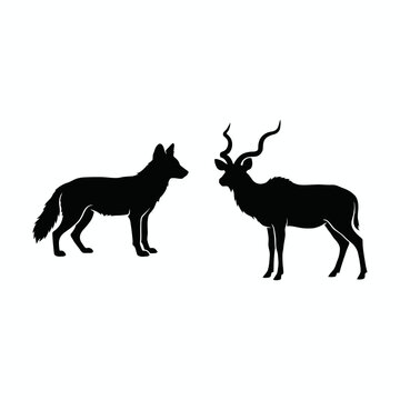 Black silhouette graphic of wild dog and kudu antelope standing with silhouette
