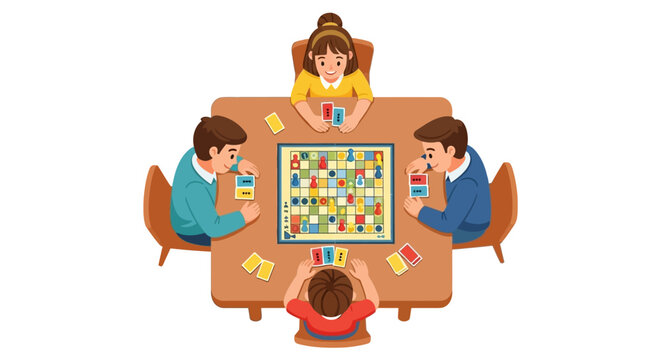 Family and Friends Playing Board Game Vector Illustration