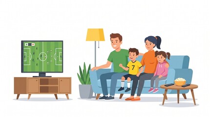 Fototapeta premium Happy family sitting on cozy sofa watching soccer match on television in living room together cheering for team flat cartoon vector design