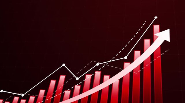 Red bar chart with upward arrow and line graphs illustrating business growth, financial performance, rising sales and revenue, investment gains and positive market trends for reports and presentations