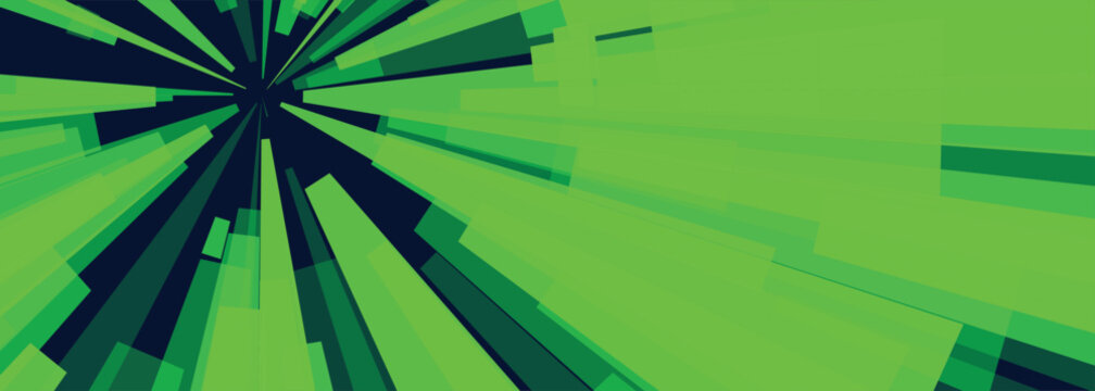 Abstract perspective zoom burst background. dark blue space, bright green geometric light rays, motion blur. for hyper speed gaming posters, tech event banner layout. dynamic vector art.
